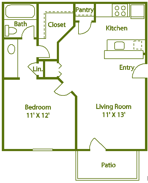 Floor plan for 1 bed, 1 bath, 551 sqft